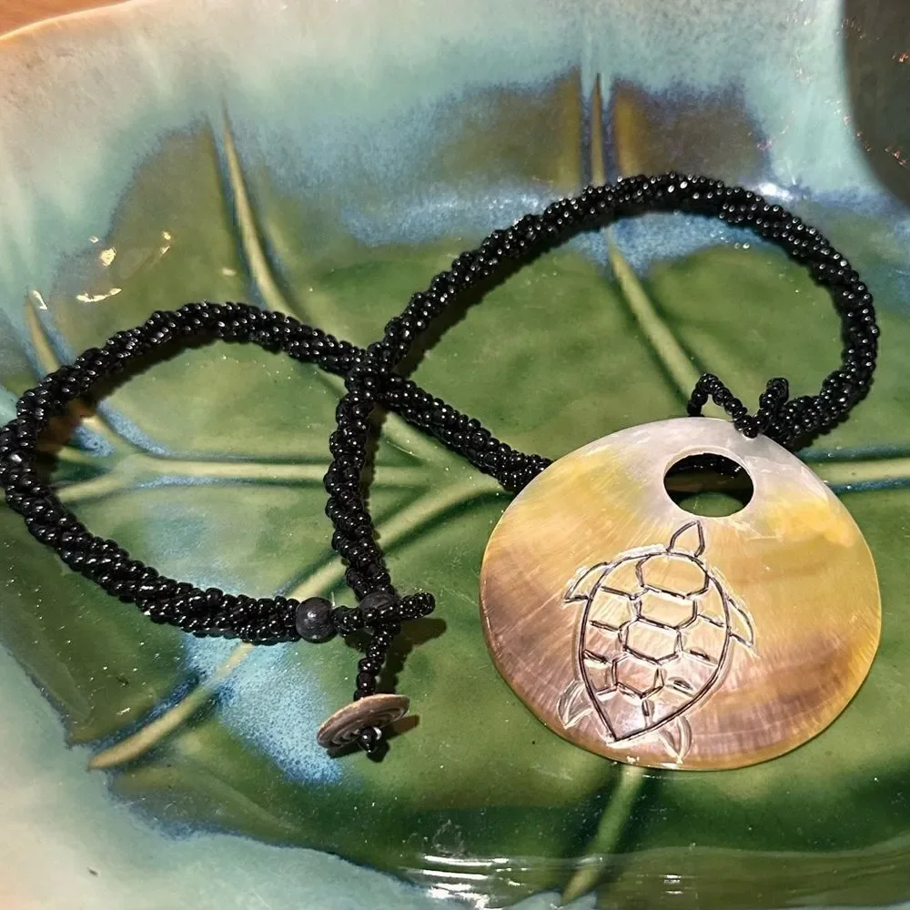 Genuine Mother of Pearl Pendant w/ Etched Sea Turtle